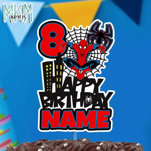 Spiderman  Super Hero Personalised Happy Birthday Card Cake Topper Name &Age