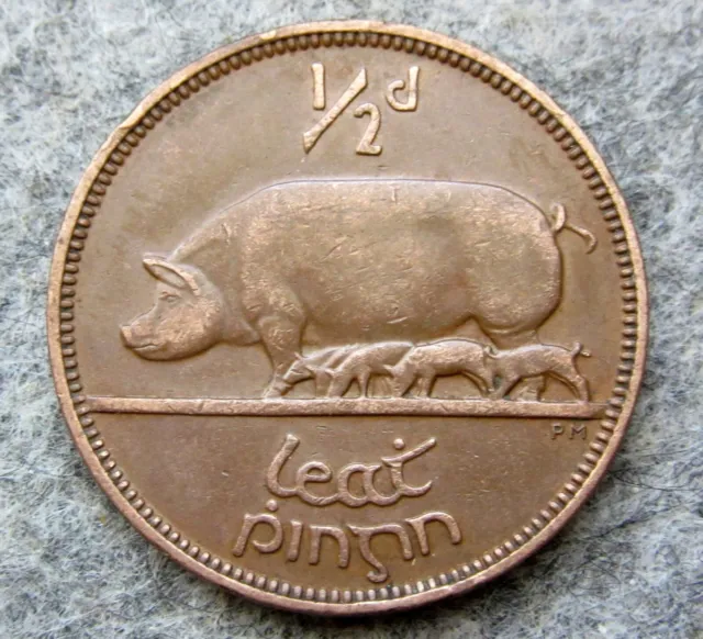 Ireland 1928 1/2 Pingin - 1/2 Penny - Halfpenny, Sow & Piglets