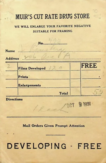 1931 Muir's Cut Rate Drug Store Photo Developing Folder Saginaw, Michigan- E13-D