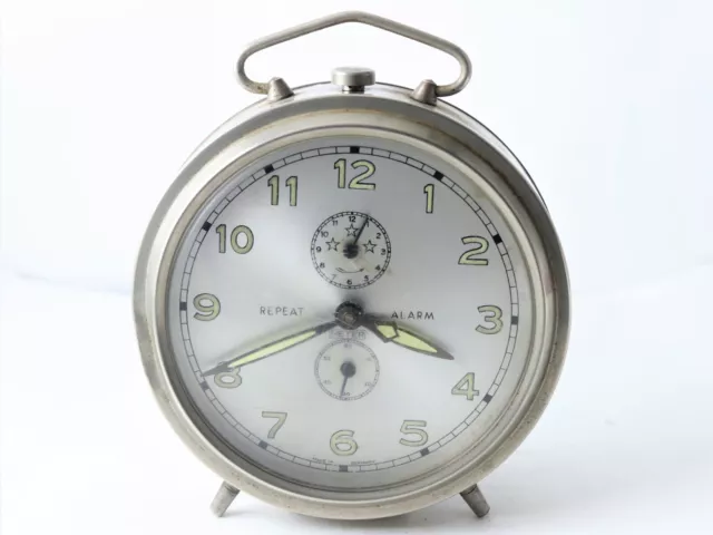 Vintage German Peter Repeat Alarm Clock Silver Dial Wind Up Mechanical Large