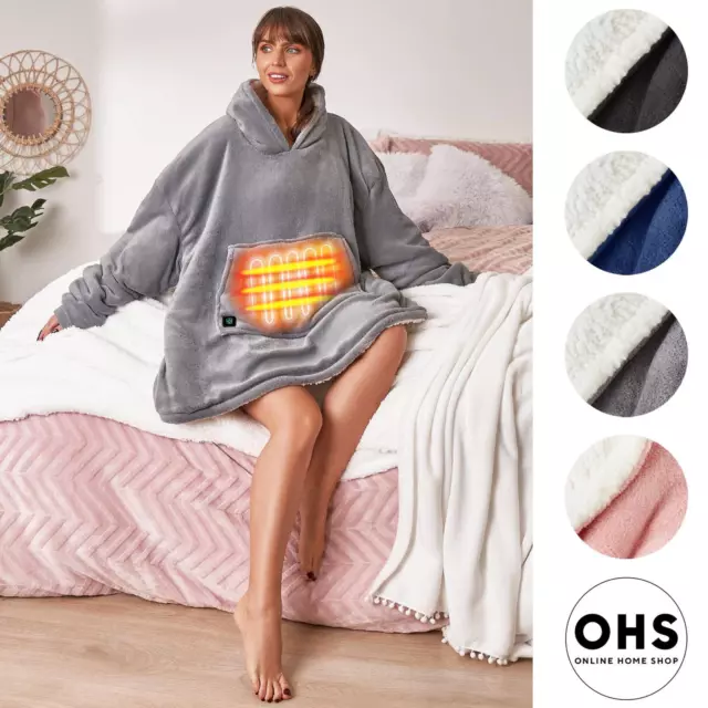 OHS Electric Heated Oversized Hoodie Blanket with Sleeves Wearable Sherpa Giant