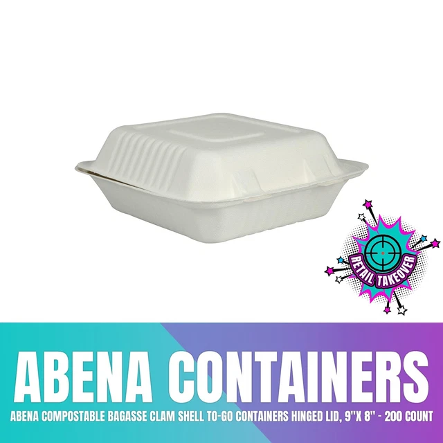 Abena Compostable Bagasse Clam Shell to-Go Containers Hinged Lid, 9"x 8", 200