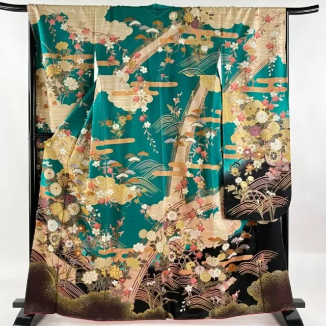 Woman Japanese Kimono Furisode Silk Flower Cart Wave Gold Foil Green