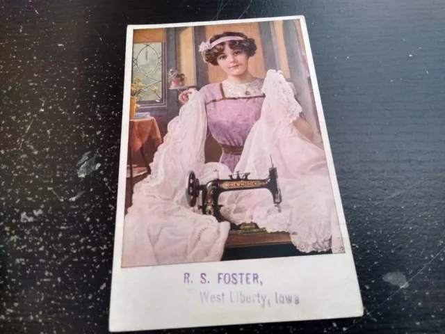 Girl With New Home Sewing Machine RS Foster West Liberty IA Advertising Postcard