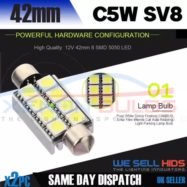 2x 42mm C10W SV8 8 SMD LED GLÜHBIRNE INNEN DACHKUPPEL FESTOON WEISS COOL