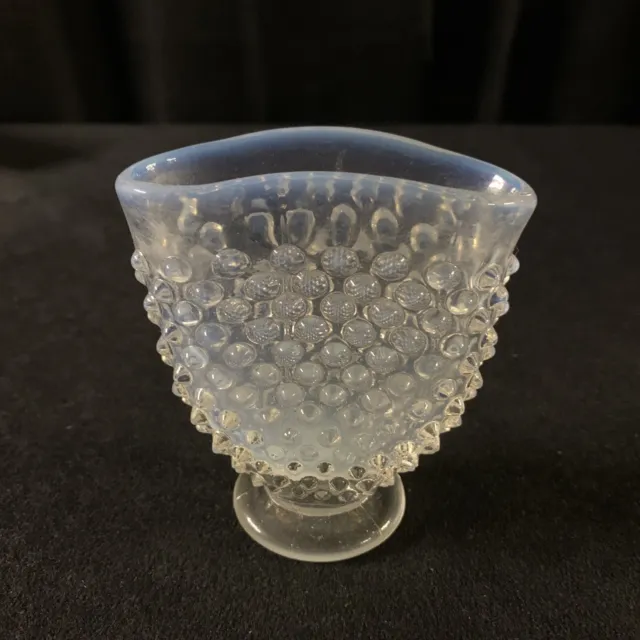 Vintage White Fenton Art Glass Hobnail Opalescent Mini Fan Vase. 3.5” Semi Clear
