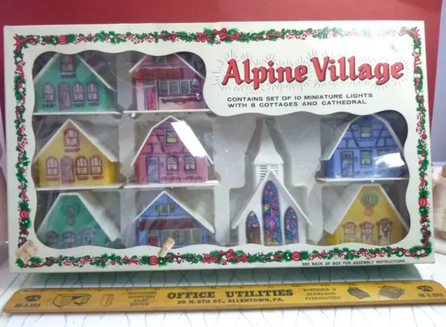 Vtg Alpine Village Putz Plastic House Cottages Cathedral Xmas Village Light Set