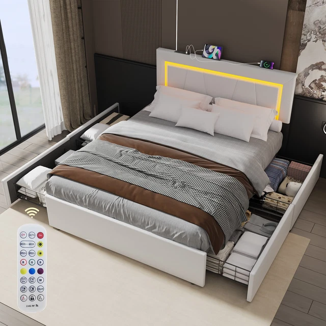 4FT6 4 DRAWERS STORAGE BED FRAME WITH USB PORT & LED LIGHT,UK DOUBLE ...