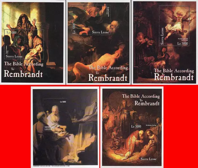 SIERRA LEONE PAINTINGS by REMBRANDT x5 S/S (BLOCKS) MNH BIBLE, JUDAICA, RELIGION