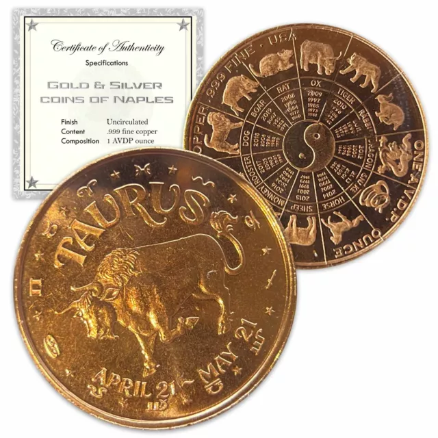 1 oz Copper Round - Taurus in a capsule & gift bag