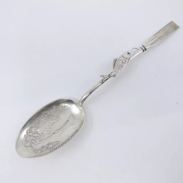 CODDING BROS Sterling Lake Champlain Souvenir Spoon Figural Fish Canoe Paddle