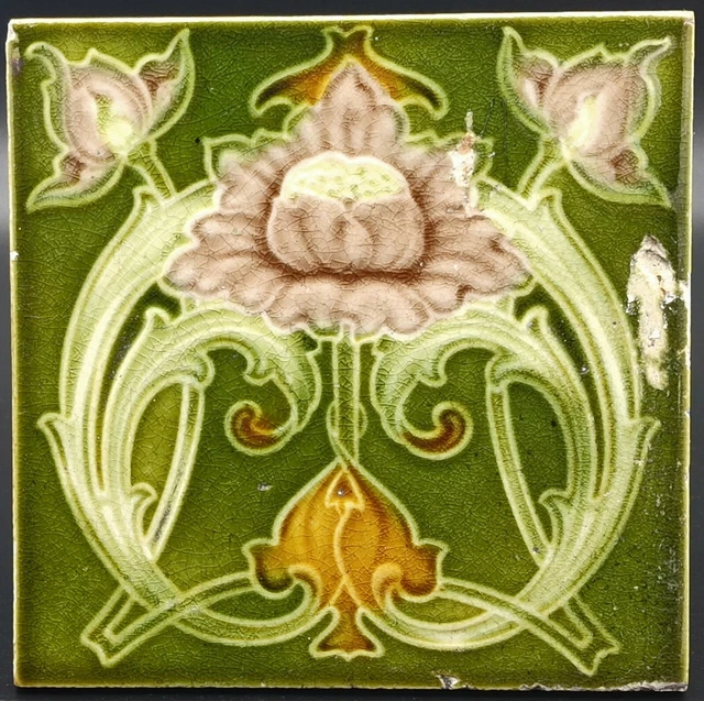 Art Nouveau Fireplace Majolica Tile Floral Design Corn Bros C1900