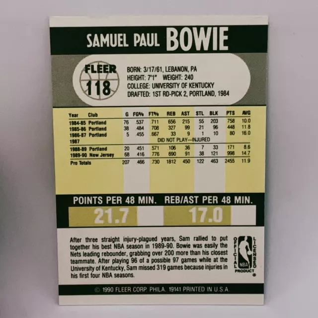 Fleer 90 NBA Basketball Card #118 Sam Bowie - Brooklyn Nets 2