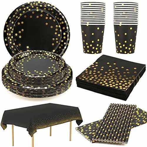 24 Guests Black and Gold Party Supplies Disposable Party Plates Tableware Cups