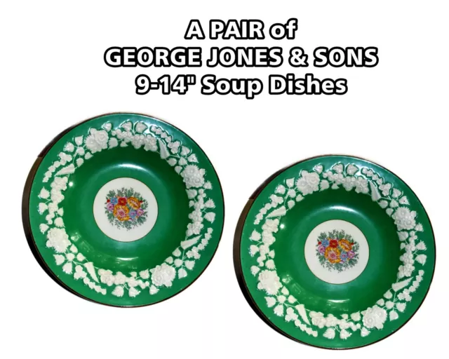 Pair of Antique GEORGE JONES & SONS 9-1/4" Soup Dishes Floral Rhapsody Crescent