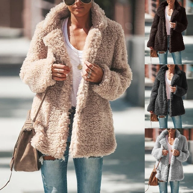 Womens Fleece Fur Fluffy Cardigan Casual Teddy Bear Coat Jacket Lightweight Tops