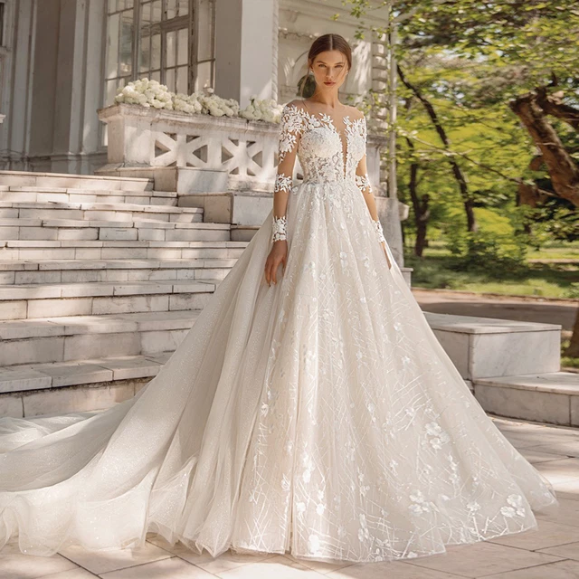 Elegant Wedding Dresses Sparkling Beaded Applique LongSleeve Lace Princess Gowns