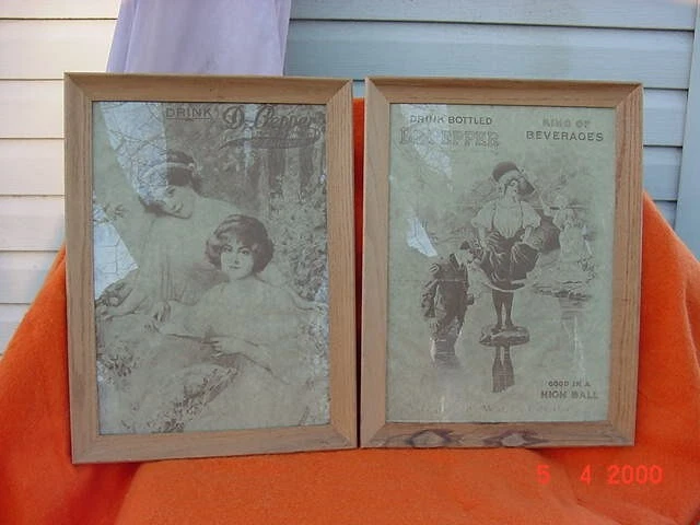 Rare Vtg Pair Dr Pepper Historical Parchment Paper Framed Advertising Posters