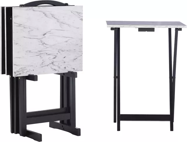 Set of 4 TV Tray Snack Table W/ Stand Wood Folding Portable Desk Faux Marble Top Set of 4 TV Tray Snack Table W/ Stand Wood Folding Portable Desk Faux Marble Top