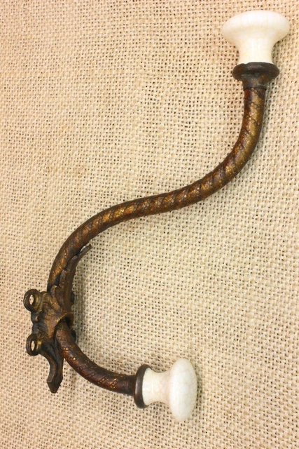 Old Bath Robe Coat Hook Hall Mirror Decorated Brass Porcelain Knob 1800s vintage