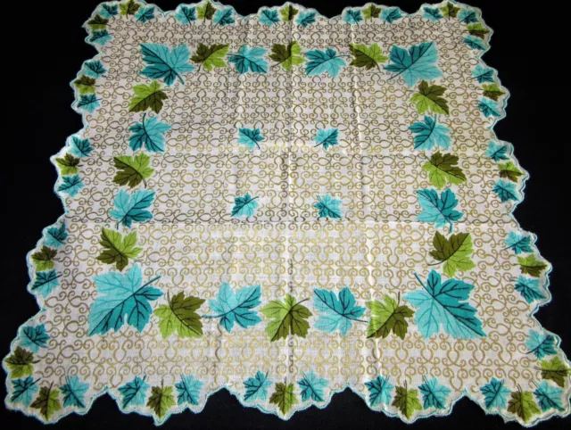 Vintage Hankie Shades of Green Leaves Gold Scroll Accent Scalloped