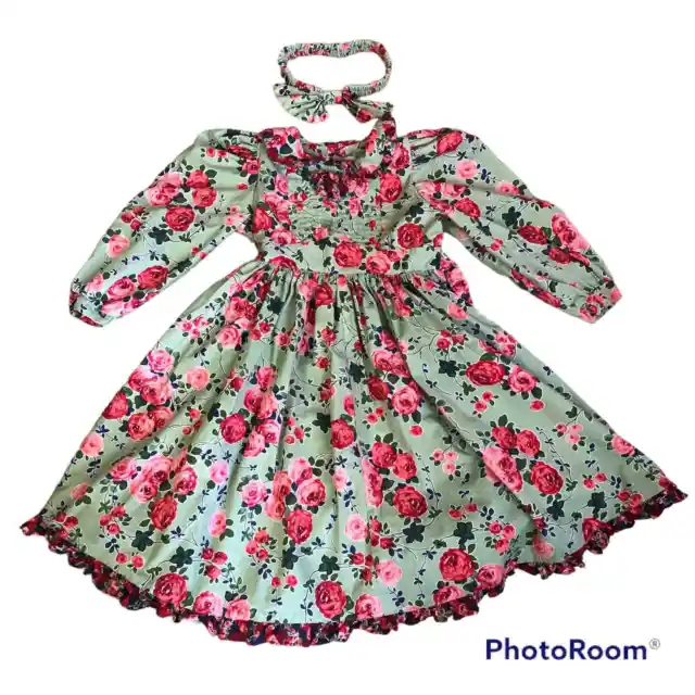 Vintage 90s Flowery Girls Dress 8 Red Roses Green Cottage Core Headband Easter