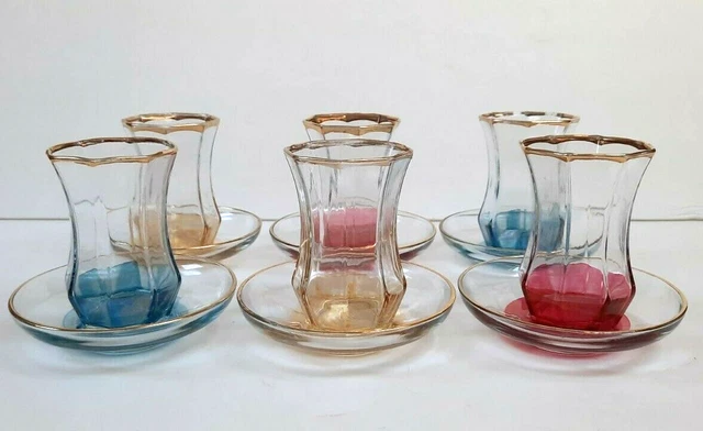 Pasabahce Turkish Tea Cup Saucer Blue Yellow Red Glass Gold Trim Design Set of 6