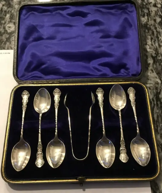 Sterling Silver Birminham 1901 Boxed Set 6 Tea Spoons And Suger Tongs
