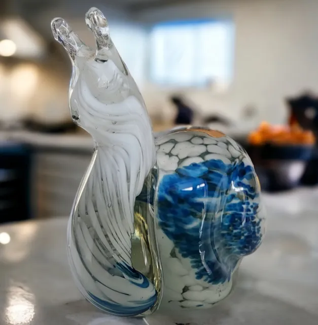 Murano Style Mtarfa Glass Blue & White Swirly Snail Paperweight Hand Blown