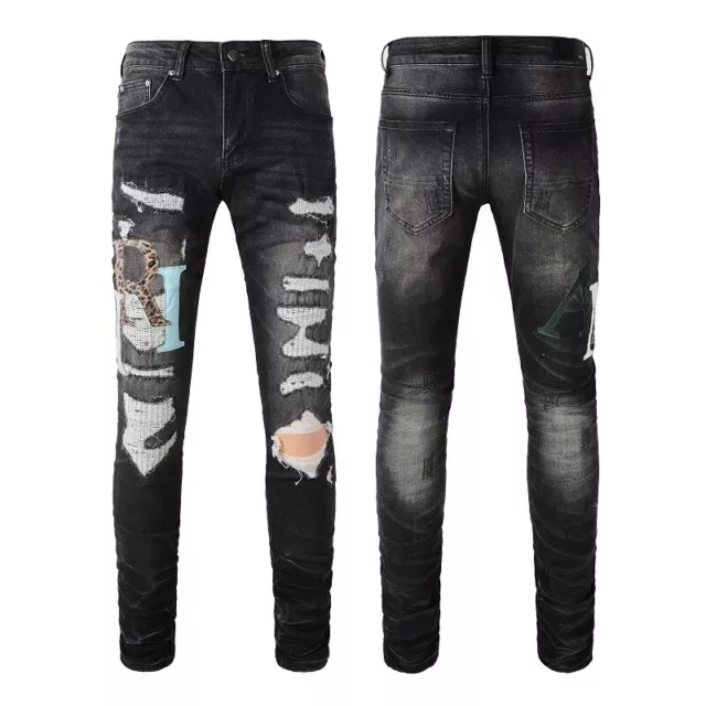 Men's Ripped Letter PU Leopard Patchwork Stretch Skinny Fit Black Denim Jeans