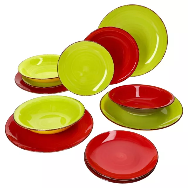 12tlg. Teller Set Uni Duo Malaga grün & rot 4 Personen Teller flach Suppenteller