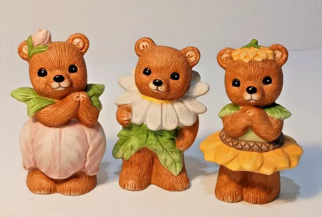 HOMCO Set of 3 Flower Teddy Bear Figurines #8768 Tulip Daisy Sunflower