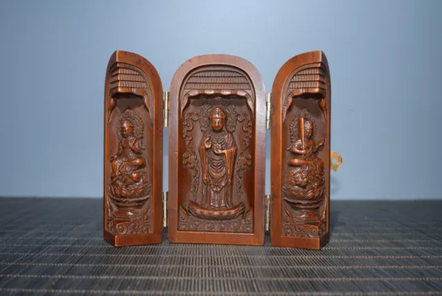 4" Chinese Natural Boxwood Hand Carved Exquisite Three Open Box B1
