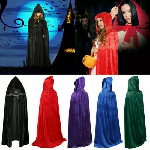 Hooded Velvet Cloak Robe Medieval Witchcraft Cape Costume Halloween Fancy Dress