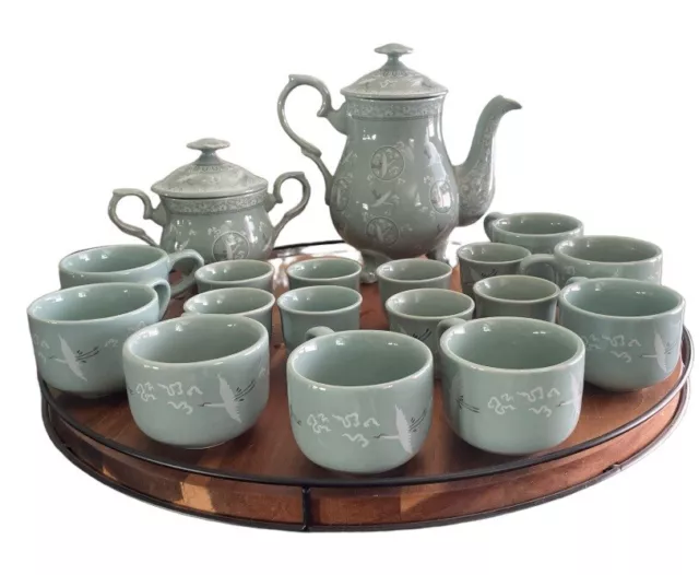 Vintage Korean Celadon Porcelain Crane Teapot And Sugar Bowl 16 Piece - Signed