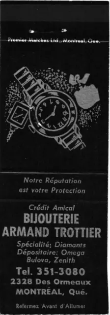 Montreal Quebec Canada Armand Trottier Jewelry Vintage Matchbook Cover