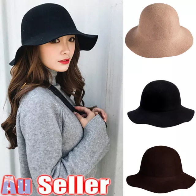 Women Retro Wool Felt Bucket Caps Wave Brim Winter Warm Church Bowler Cloche Hat