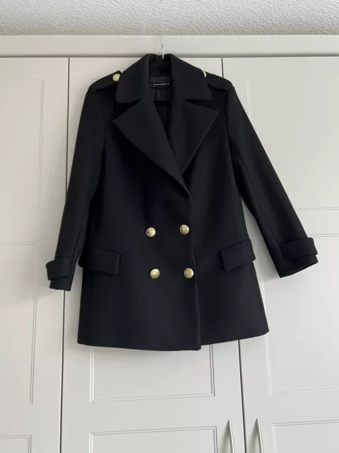 Ladies Zara Woman Black three quarter collared wool mix coat. size L large new.