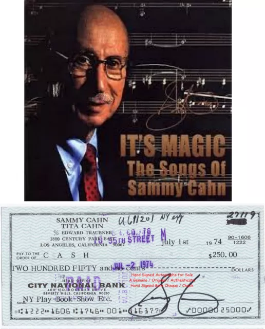 Sammy Cahn   American Musician Songwriter  Let It Snow  Signed Cheque 1974  Rare