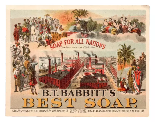 c.1890 B.T. Babbitt Best Soap Trade Card Lady Liberty Civilization Toilet Baby