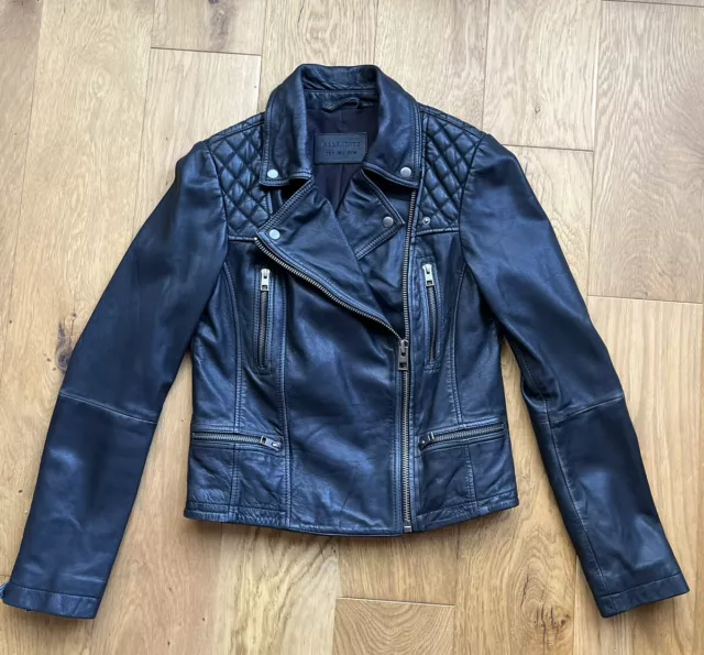 AllSaints Cargo Distressed Leather Biker Jacket. Black/Grey Size UK 8 Brand New