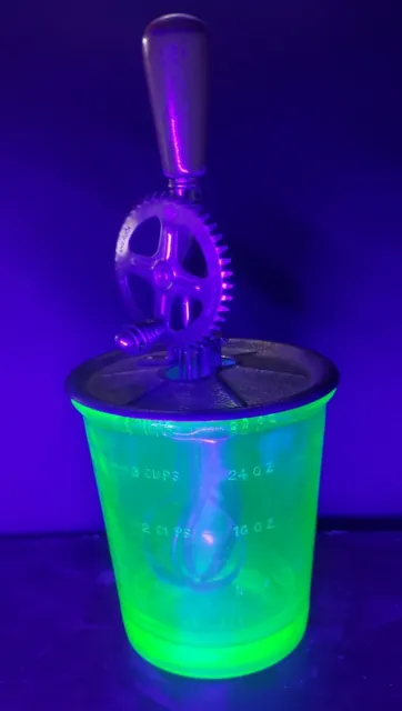 D&B Uranium Depression Glass 4 Cup Measuring Cup + A&J Hand Mixer Egg Beater