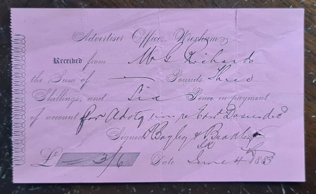 1883 Bayley & Bradley, Printers, Advertiser Office, Wrexham Receipt
