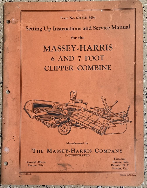 Massey Harris Clipper Combine 6/7Ft Setting Up  Instructions Service Manual