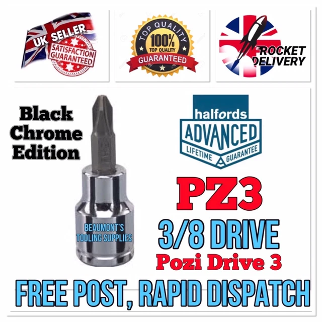 HALFORDS ADVANCED 3/8& Socket Bit PZ3 Pozi Drive *Black Edition* FREE