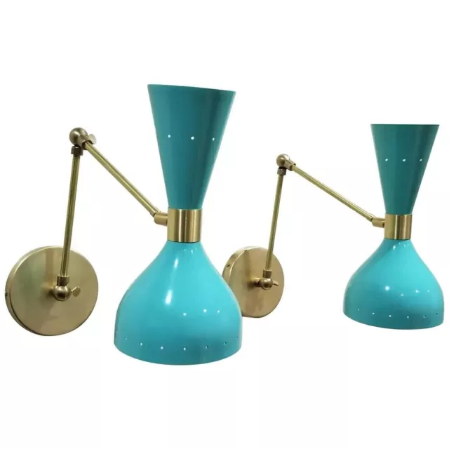 "Ludo" Wall-Mount Reading Lamp in Brass & Aqua Blue Enamel Italian Modern Lamp