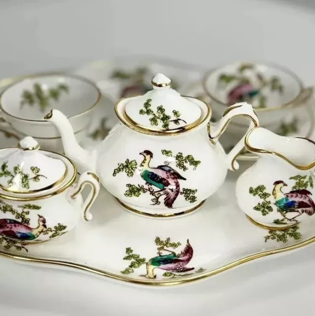 Rare Crown Staffordshire Peacock 10 Piece Miniature Tea Set