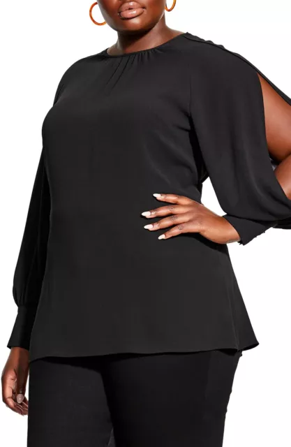 MSRP $75 Plus Size Women's City Chic Split Sleeve Blouse Black Size 14