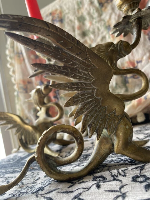 Pair of Solid Brass Phoenix Dragon Holder Candlestick Antiqe Brass VTG Gold Pair of Solid Brass Phoenix Dragon Holder Candlestick Antiqe Brass VTG Gold