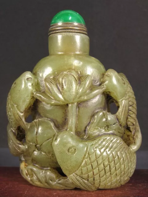 Big Chinese Three Carp Hollow Carved Natural Green Jade Snuff Bottle